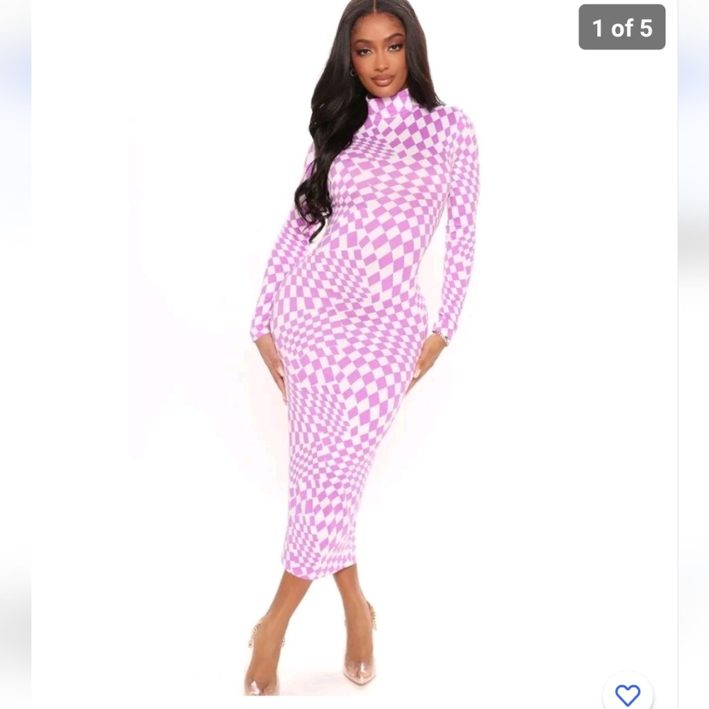 Fashion Nova Checked Out Midi Dress Size Small Color purple long sleeves nwt